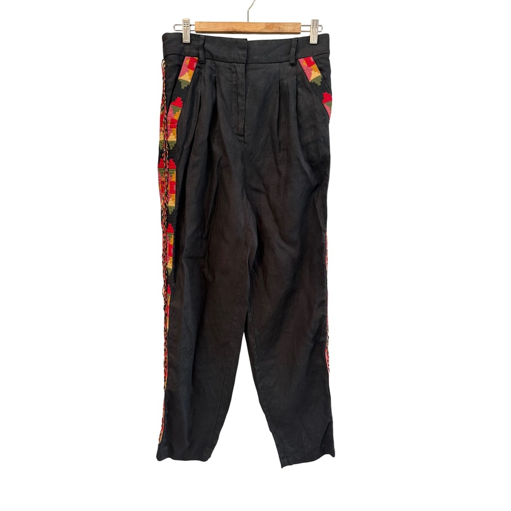 Farm Rio Black Linen Embroidered Beaded Fringe Tapered Pants Womens Medium